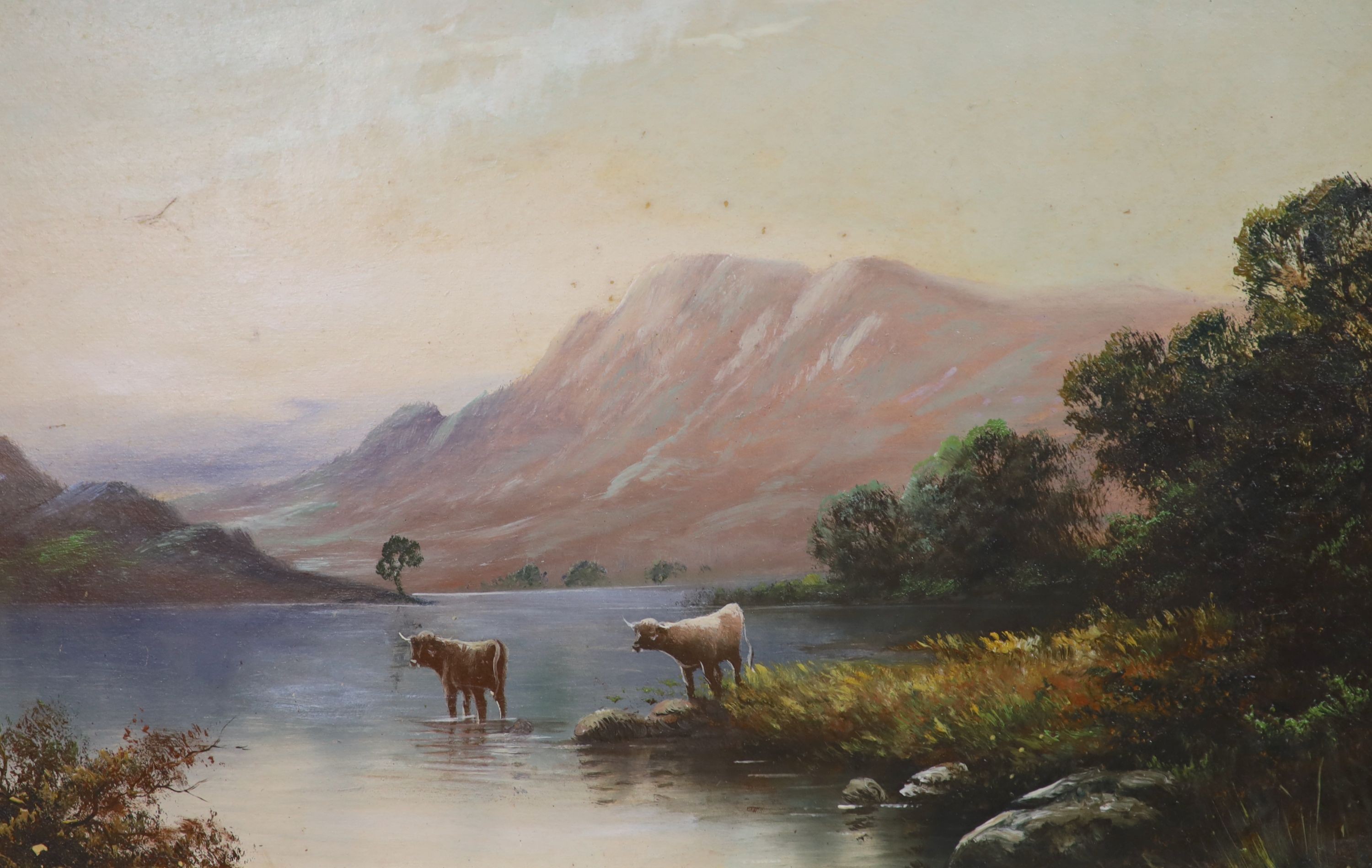 19th century English School, oil on canvas, Children playing on a five bar gate, indistinctly signed and a pair of oils on board, Highland lake landscapes with cattle and sheep grazing